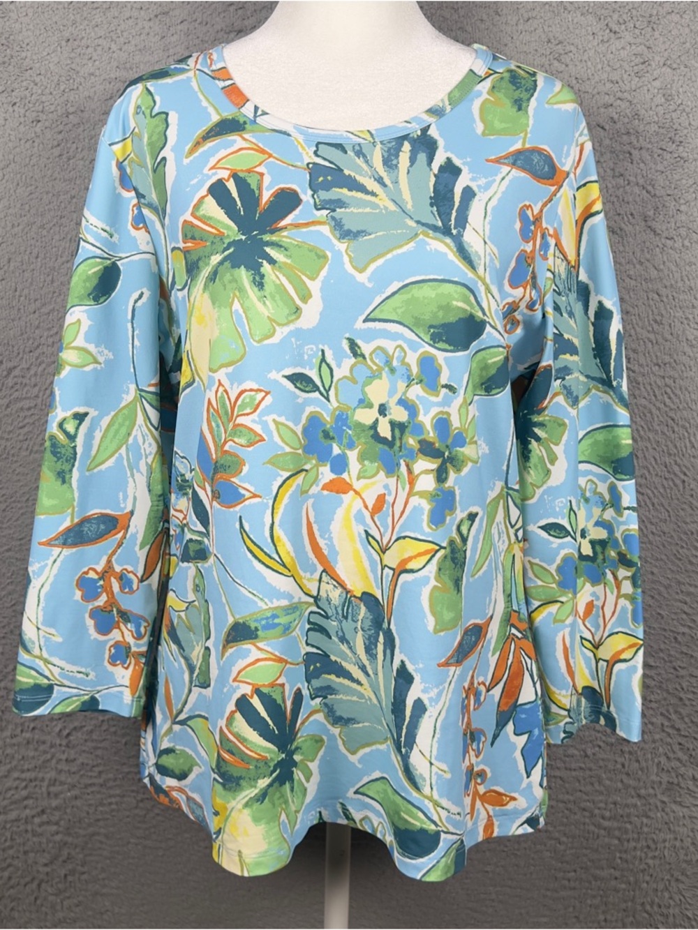 J McLaughlin Top Womens XL Blue Tropical Leaves 3/4 Sleeve Catalina Cloth Casual - Picture 1 of 8